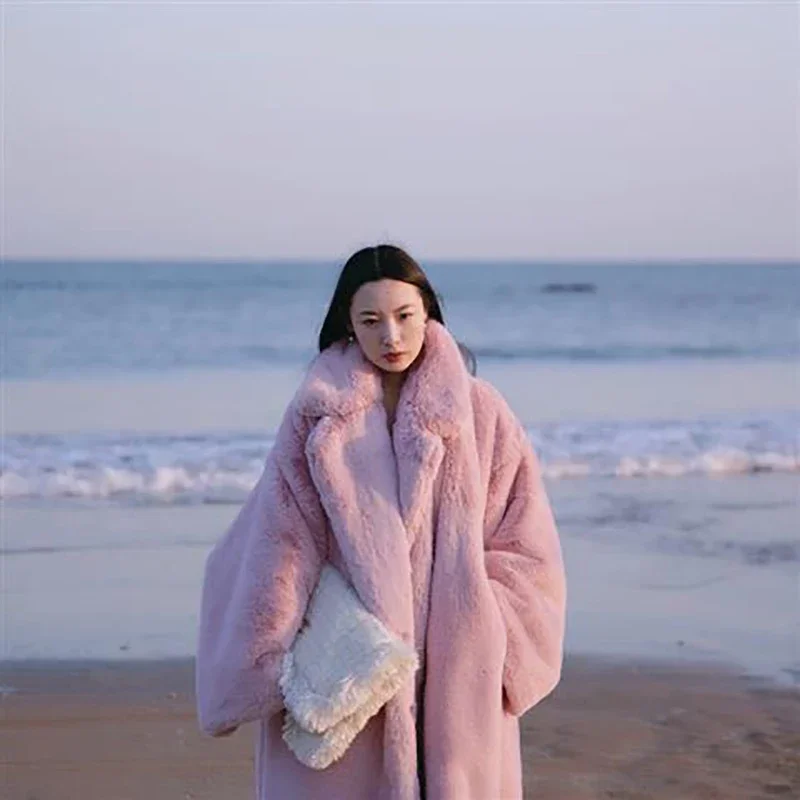2024 Winter Women High Quality Faux Mink Fur Coat Luxury Long Fur Coat Lapel Overcoat Thick Warm Plus Size Female Plush Coats