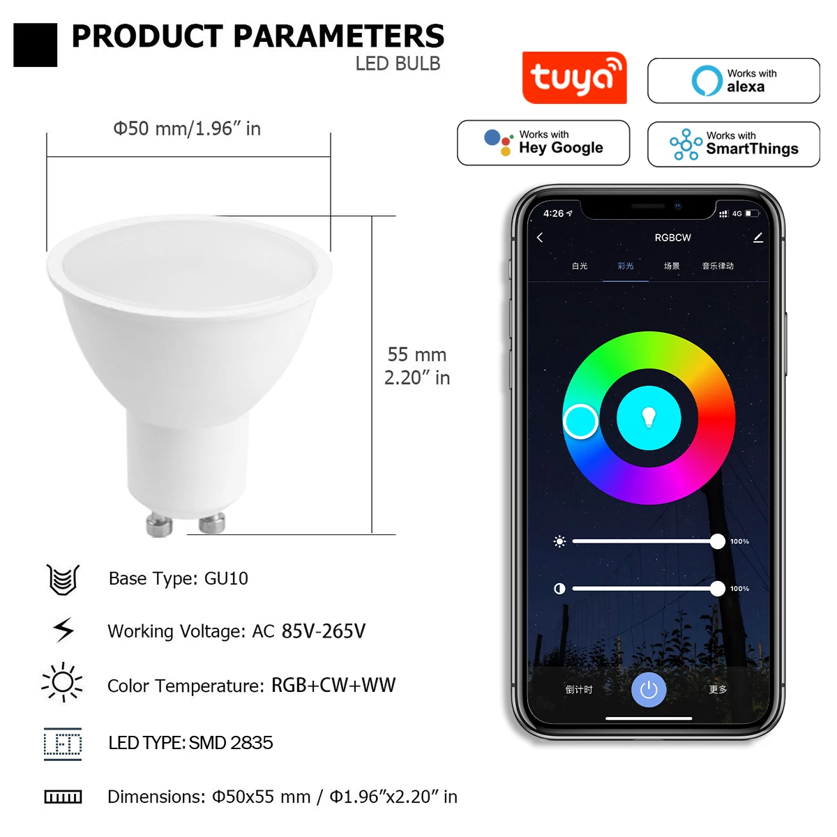 Tuya Smart RGB LED GU10 Dimmable Light Bulb - WiFi Controlled, 6W Magic Lamp
