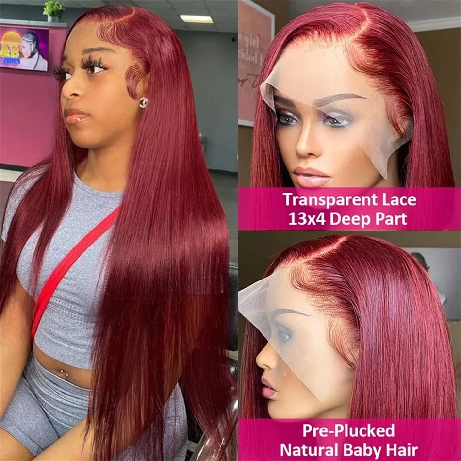 Burgundy 13x6 HD Lace Frontal Human Hair Wig Straight Red 13x4 Lace Front Human Hair Wigs For Women 99J Colored 200 230 Density