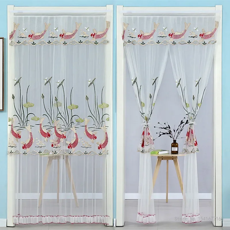 Punch-free Mosquito Screen Curtain Door Curtain, Breathable Bedroom Partition Curtain Double Layer Lace Embroidered Door Curtain