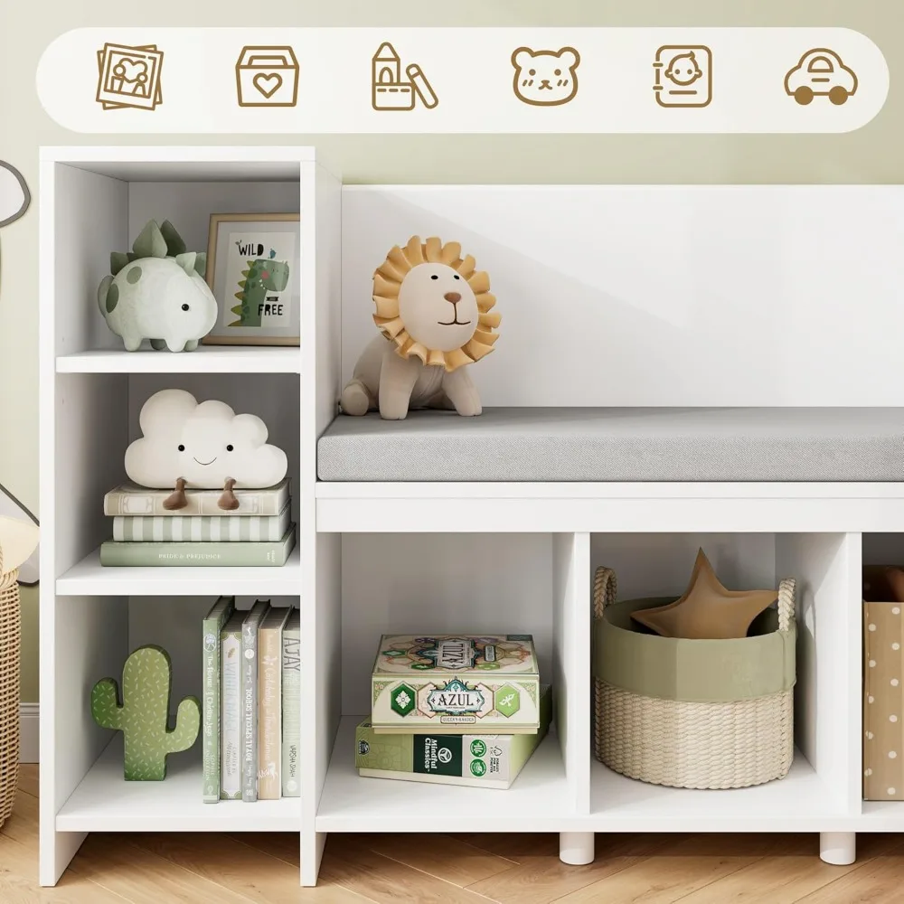 67" Kids Reading Nook with Bench, Kids Bookshelf and Bookcase with Seat Cushion and 6 Storage Cubbies, Toy Storage Box on 6