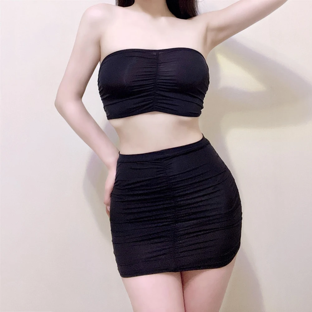 

Entrancing Women's Lingerie Glossy Tube Top Skirt Set 2Pcs Underwear See Through Sheer Design for an Unforgettable Look