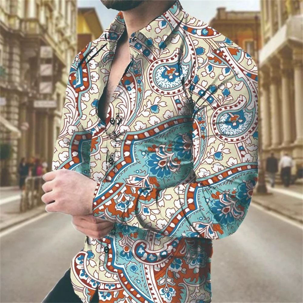 thumbnail image 1 of Nuevas camisas florales de lujo Pelis para hombres, camisas de manga larga con solapa con estampado 3D, ropa informal ajustada vintage Y2k con botón, 1 of 4