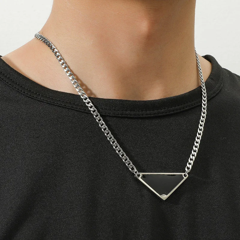 

New Punk Triangle Pendant Stainless Steel Men Necklace Black And White Cuban Chain Necklace Party Hiphop Jewelry Gifts