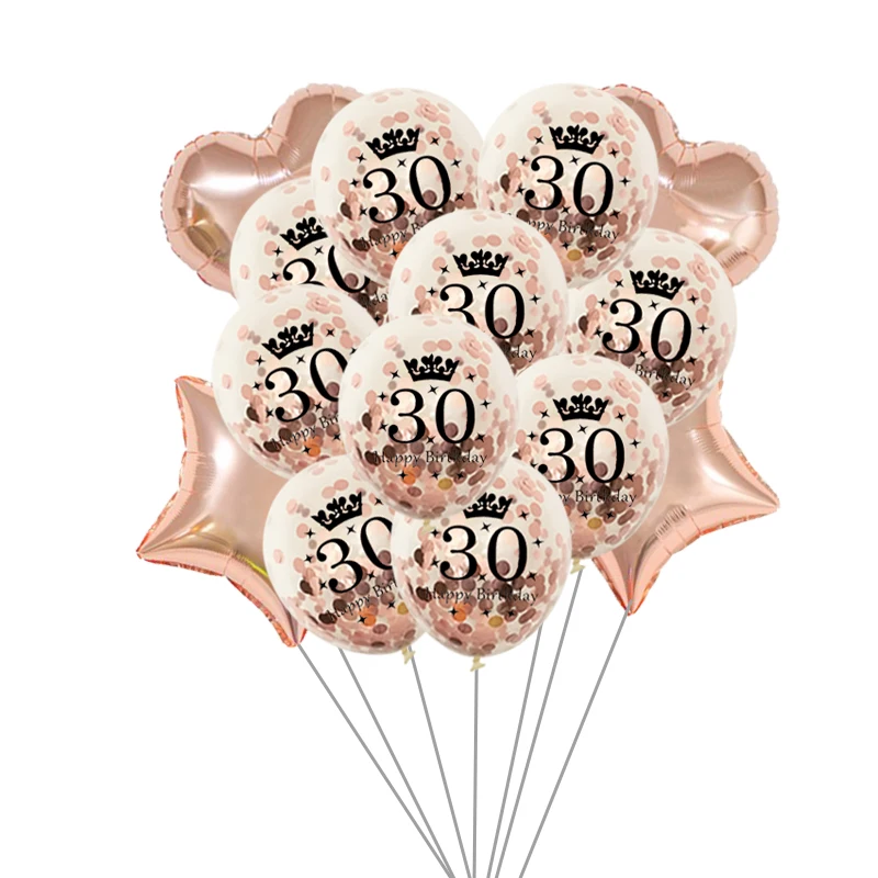 14-teiliges Roségold 30 40 50 60 Happy Birthday Latex-Ballonset Herz- und Sternballons Erwachsenen-Geburtstagsparty-Dekoration 30. Geburtstag