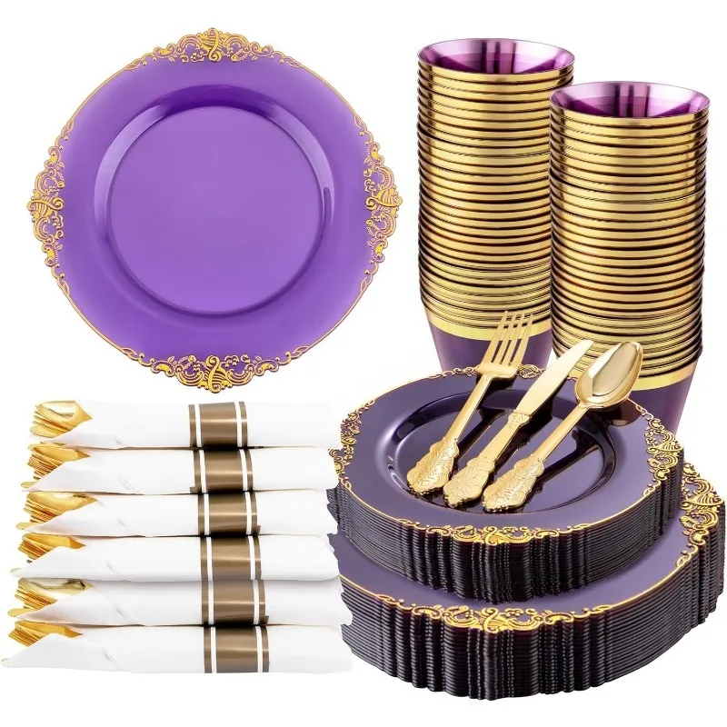 Plastic Plates 175PCS Disposable Party Plates & Pre Rolled Napkins with Cutlery for 25 Guests Plates Silverware Cups Napkin plastic tableware set