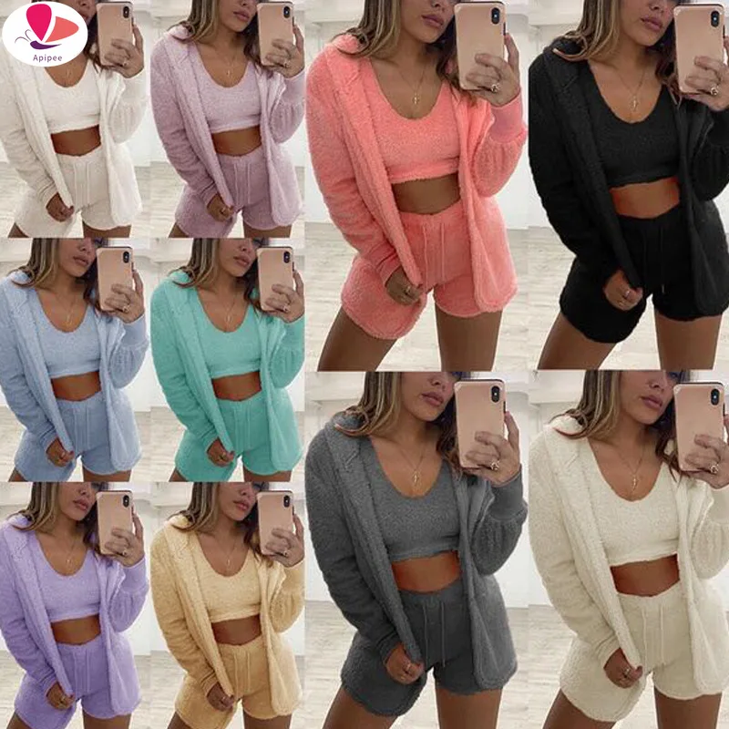 

APIPEE 2023 Spring Fall Winter Women Home h Suit 3 Piece Set Tank Crop Top Shorts Long Sleeve Cardigan Coat Casual Outfits
