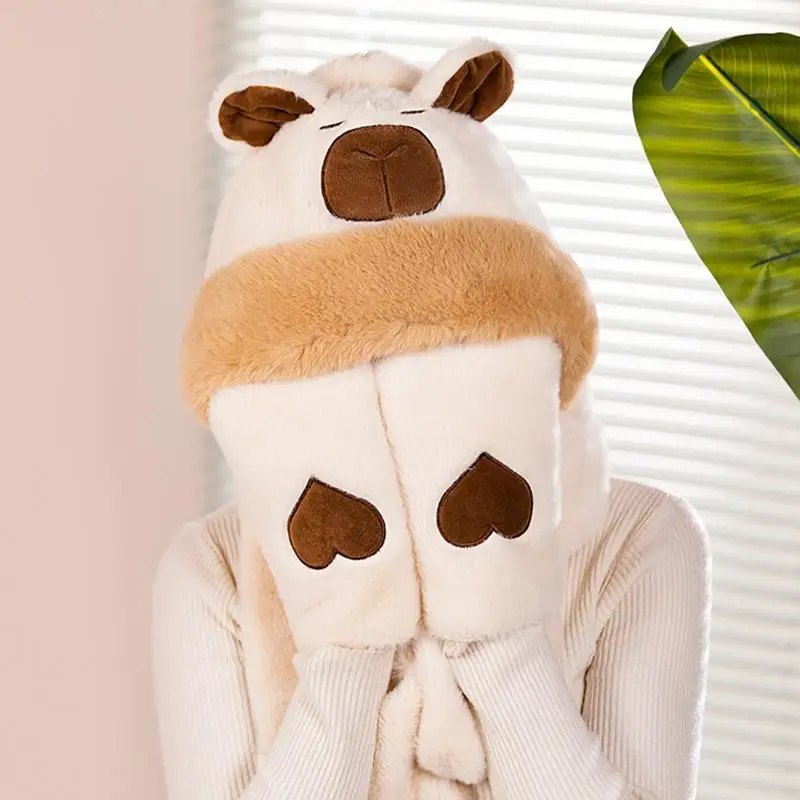 Hooded Scarf With Mittens Capybara Winter Scarf Hoodie Warm Hoodie Hat Gloves Set Soft Plush Thick Hat For Men Women
