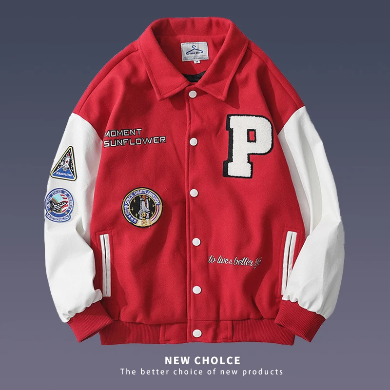 

Men Patchwork Varsity Jacket Hip Hop Letter Embroidery American Vintage Bomber Jacket Streetwear Couple Loose Epaulettes Outwear