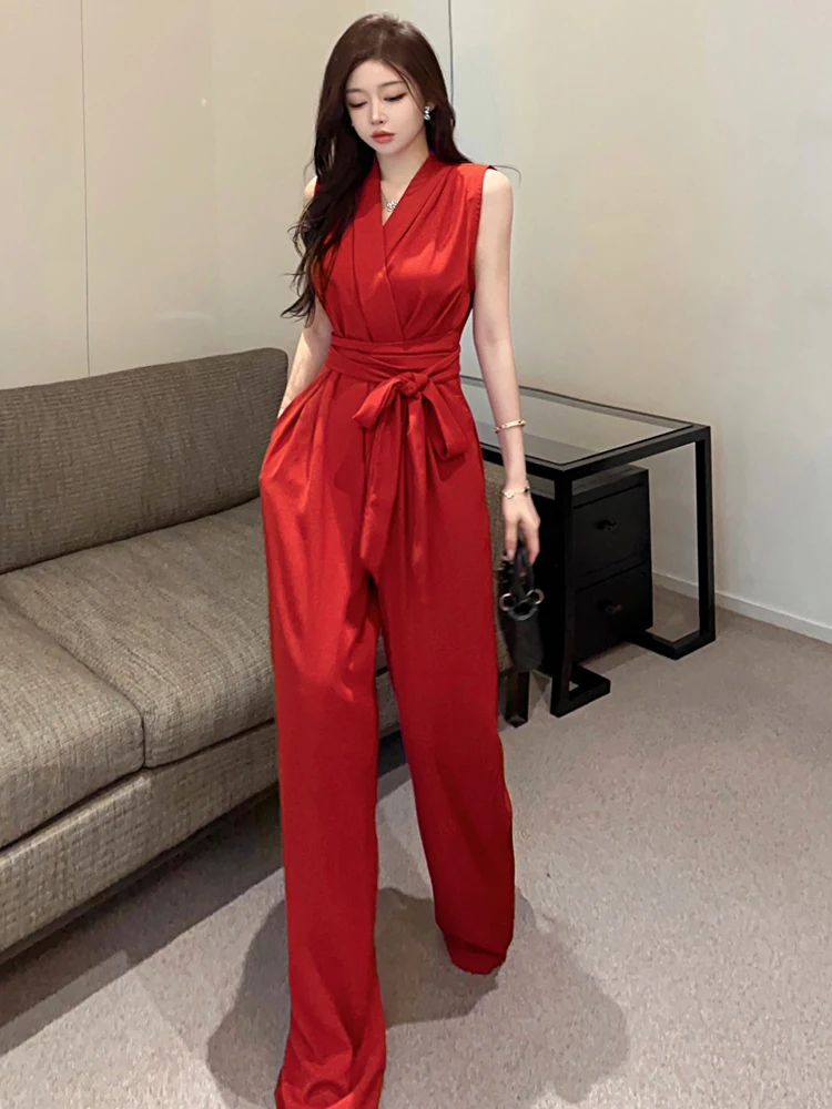 

Женский комбинезон без рукавов, офисный комбинезон с высокой талией и V-образным вырезом, комбинезоны с поясом и широкими штанинами, лето 2023