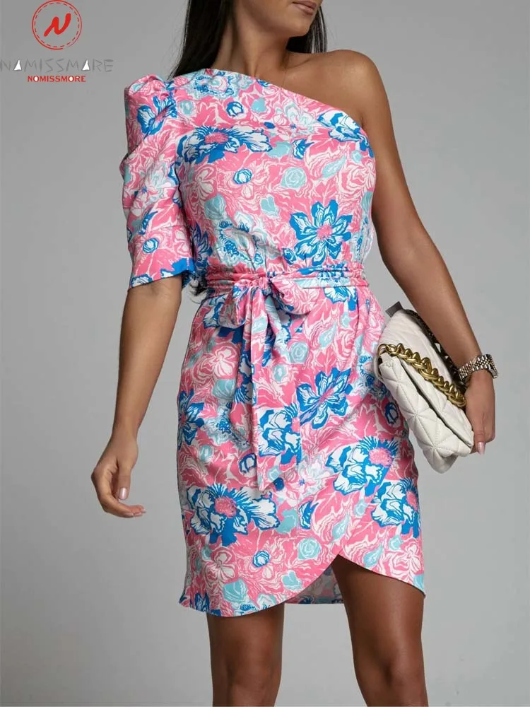 FashionWomenSummerFlowerPrintPencilDressIrregularDesignBelt