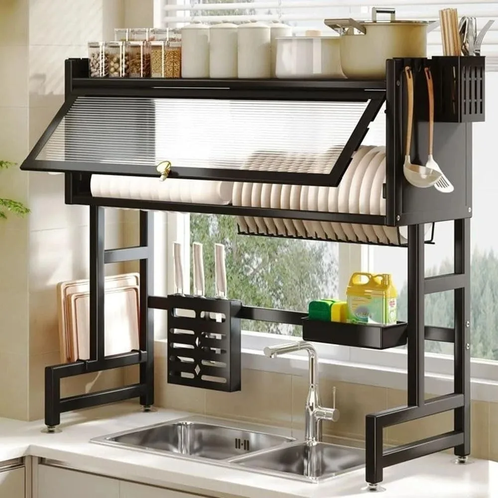 Kitchen Dish Rack Over Sink Drying Shelf Adjustable Dustproof Cabinet Stainless Steel Kitchenware Shelves Closet Organizer