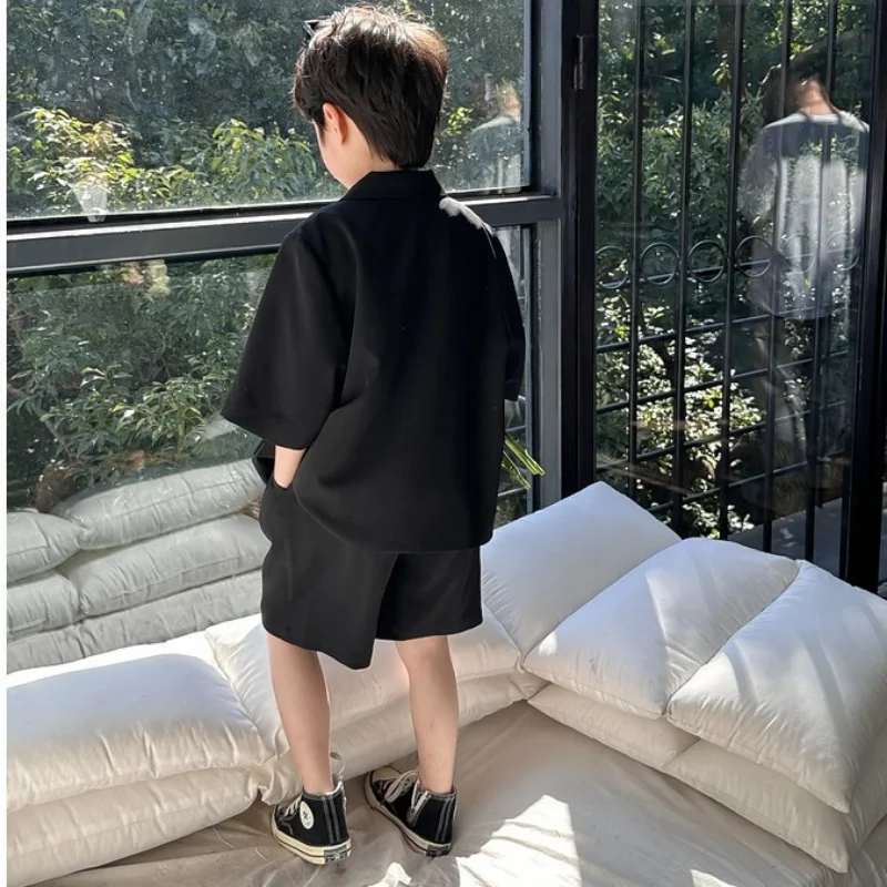 High Quality Boys' Blazer Suit Set Summer New Thin Casual  Baby Boy Single Breasted Korean Black Short Sleeve Coat+ Shorts 2pcs 3