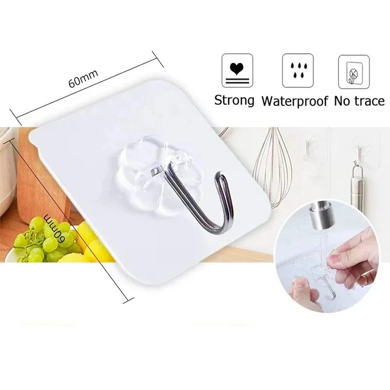 20pcs Transparent Non Punching Hook with No Marks Strong Adhesive Hook Bathroom Living Room Wall Hanging Door Self-adhesive Hook