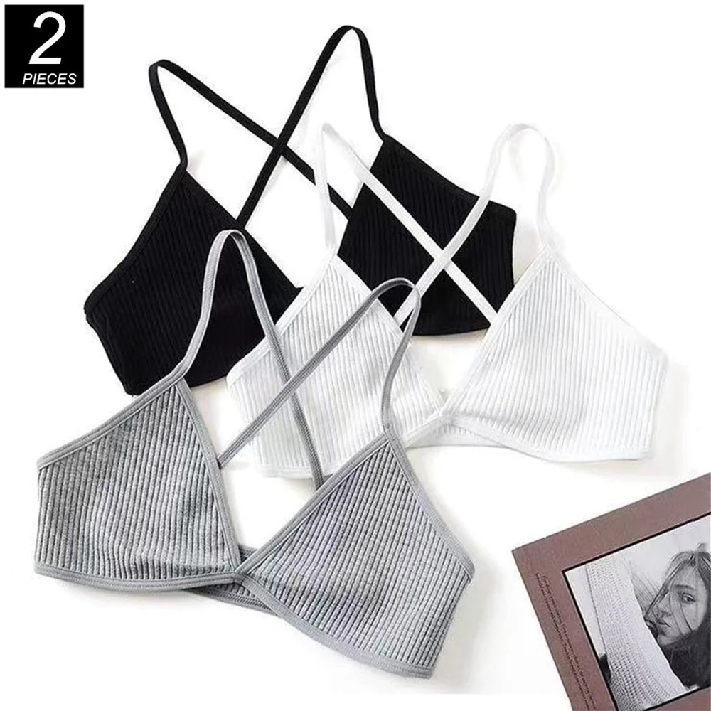 2PCS Ribbed Cotton Bra for Woman Without Foam Wire Free Sexy Unlined Bralette for Girls Sports Cross Deep V Triangle Cup