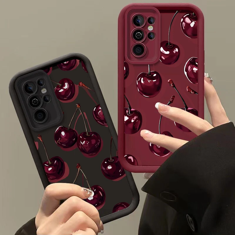 Elegant Wine Red Cherry Bow Print Silicone Phone Case - Luxury Protection Cover