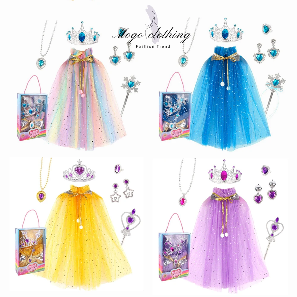 

Girls Princess Cloak With Crown Wand Necklace Earrings Halloween Masquarade Suits Elsa Cape Dress Up Birthday Gift Box