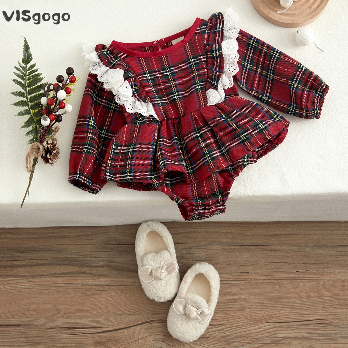 VISgogoToddlerBabyGirlsChristmasClothesRufflePlaysuitPlaid