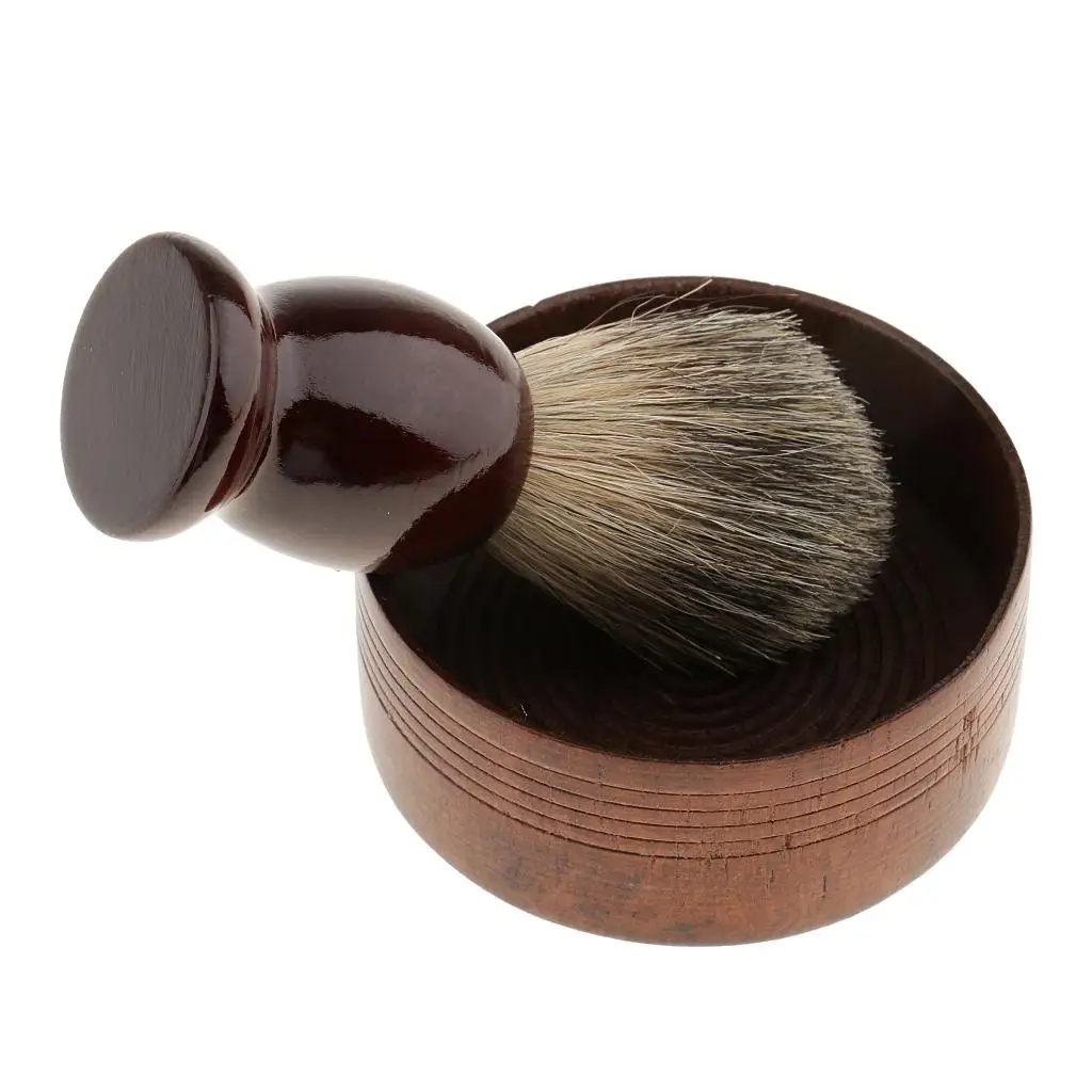 2 Pieces Wooden Shaving Set Brush W/ Wood Shave Soap Bowl for Men