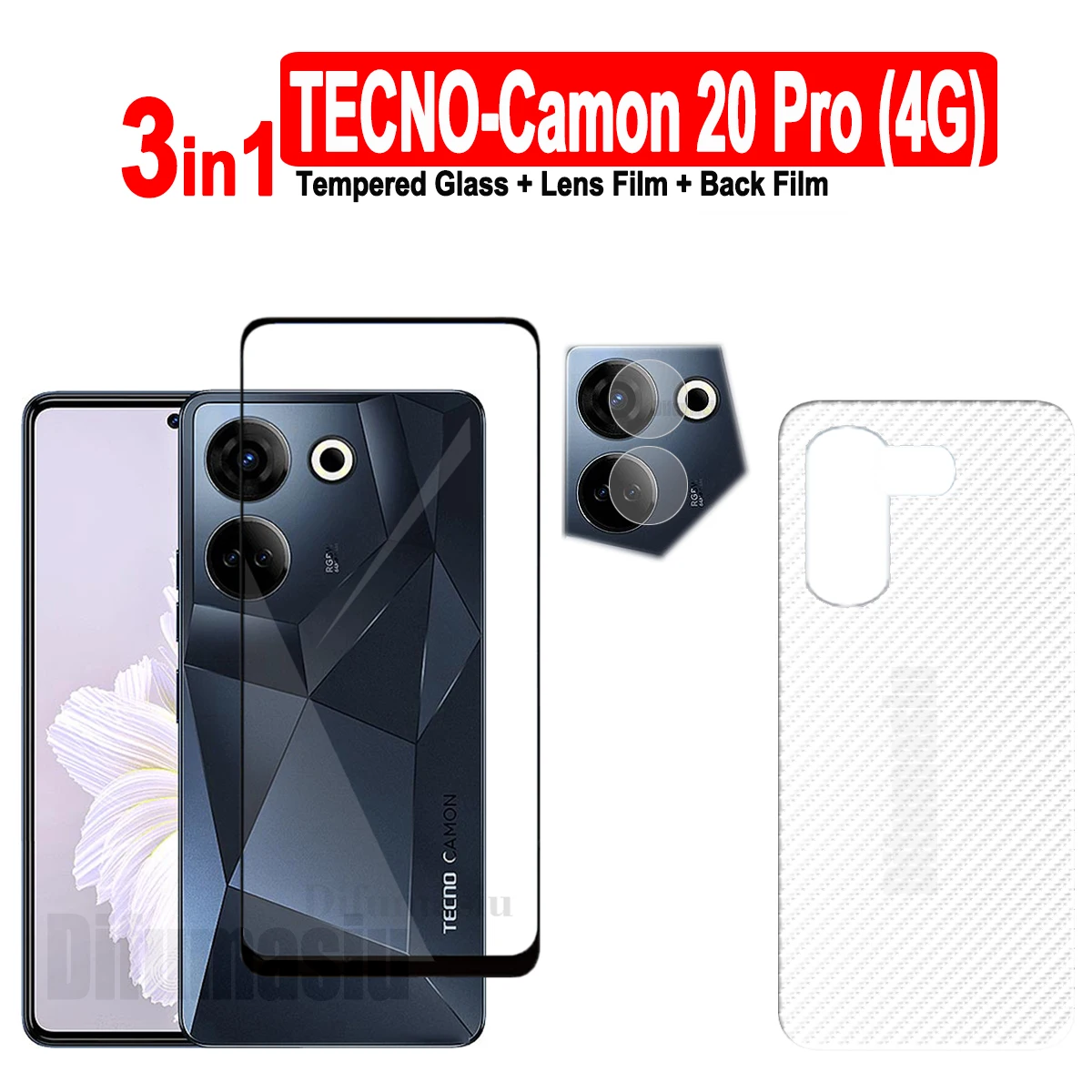 

3in1 For Tecno Camon 20 Pro Tempered Glass Screen Protectors Soft Camera Lens Protector Full Cover Screen Glass Back Film