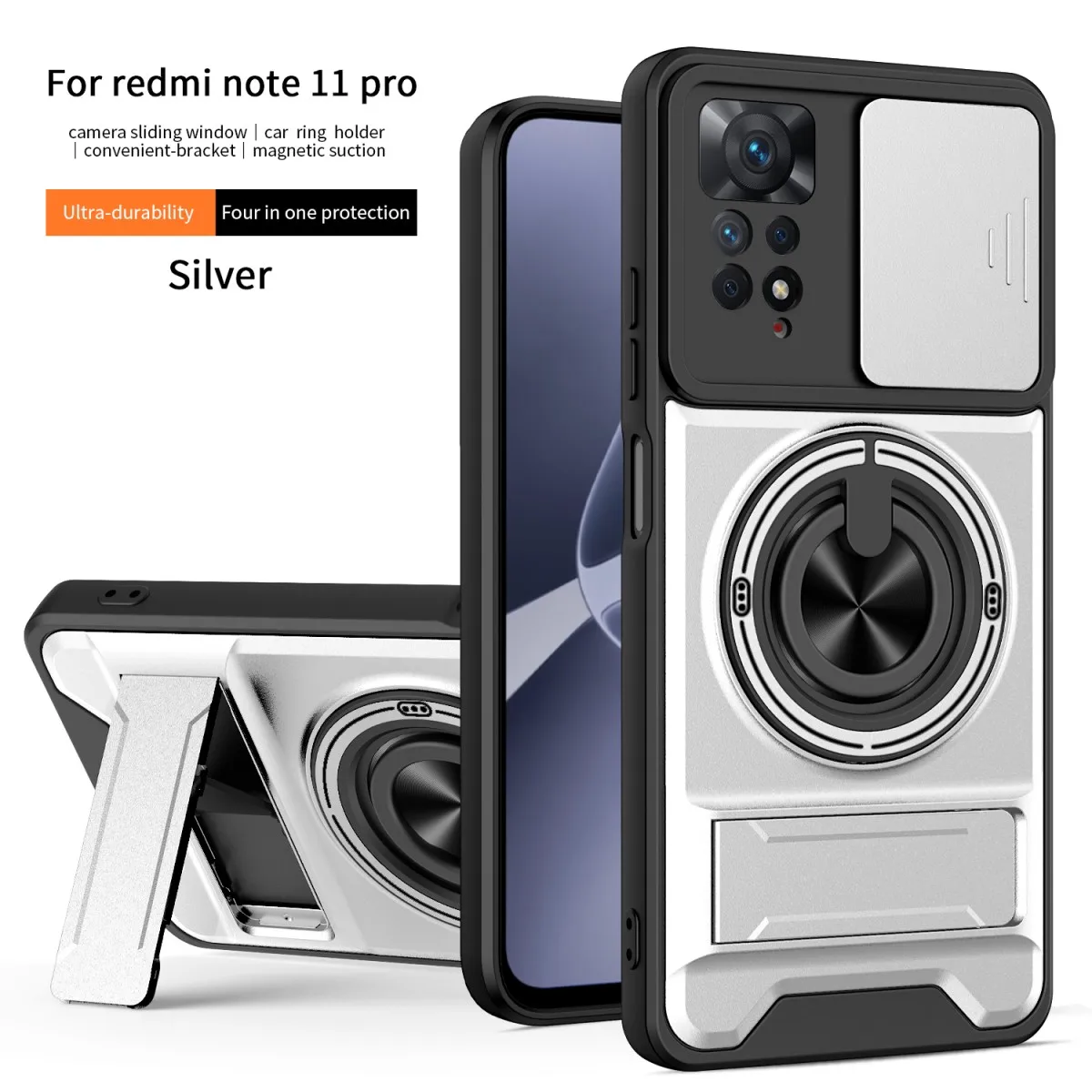 Armor Shockproof Phone Case with Sliding Camera Cap and Built-in Magnet Ring Kickstand