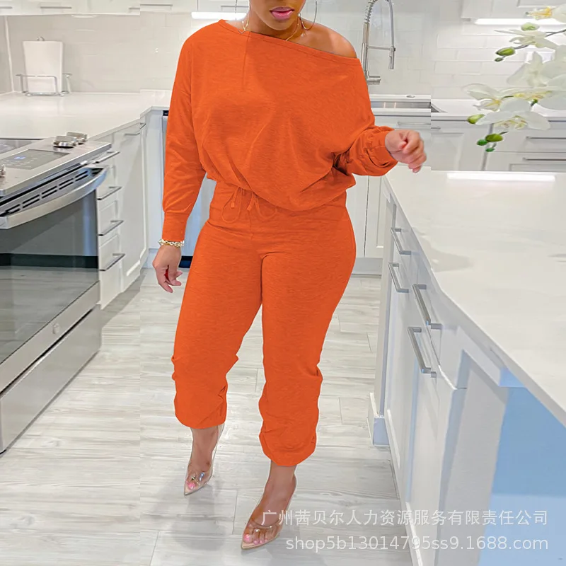 

Skew Neck Top & Drawstring Pants Set Women Autumn Winter Long Sleeve Pullover Tops High Waist Ankle Length Pants