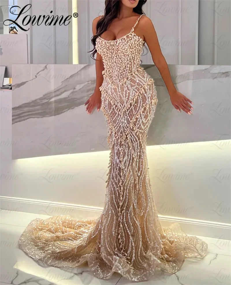 

Champagne Full Pearl Luxury Women Party Dresses Spaghetti Straps Mermaid Shiny Sequin Long Beads Arabic Evening Gowns Prom Dress