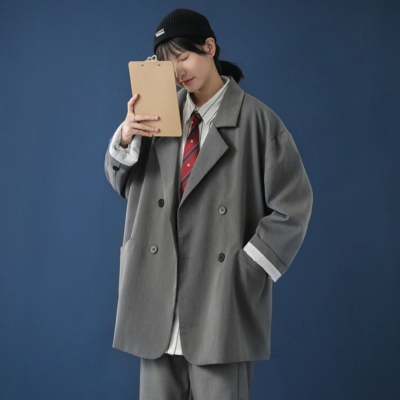 Loose Fit Double Breasted Blazers for Women, High Fashion Trends, Design Clothing, Office Lady, Oversized Grey Suits, Jacket Top