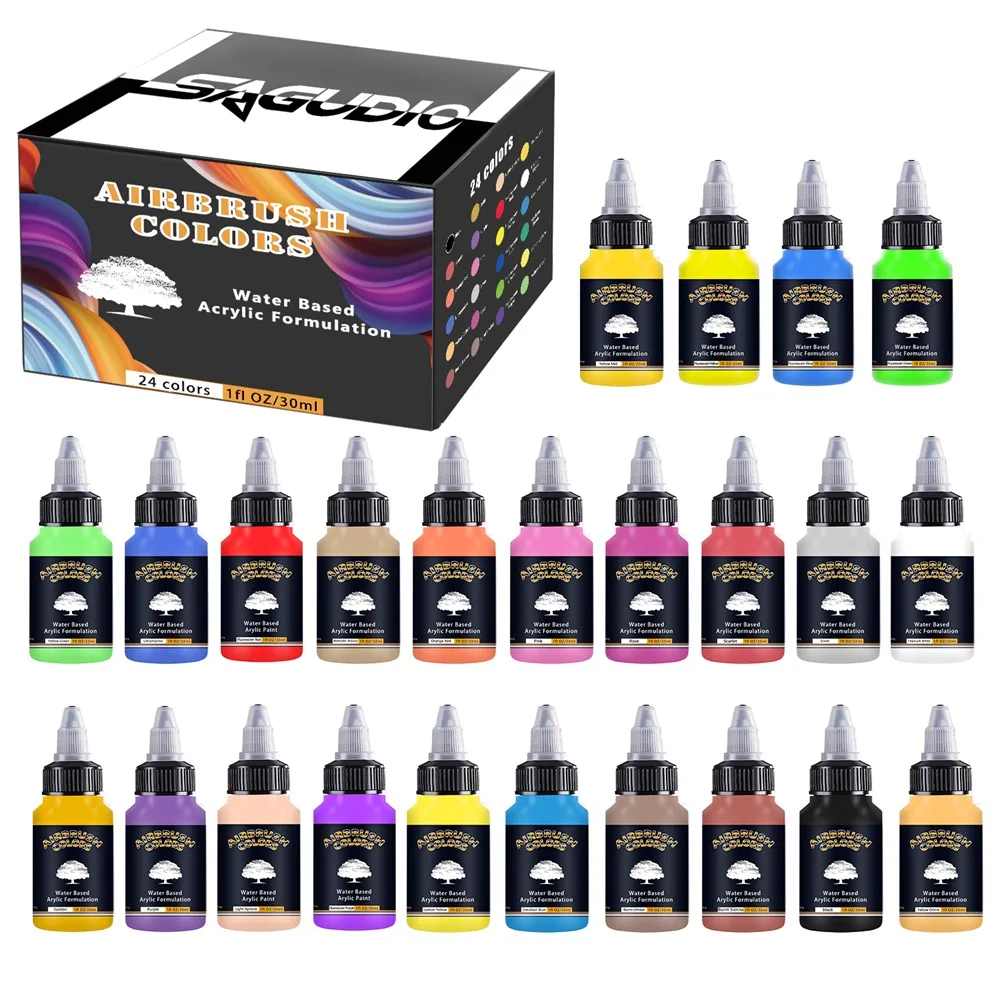 SAGUD 24 Farben Airbrush Malen Set 30ml Bereit zu Spray Fluoreszierende