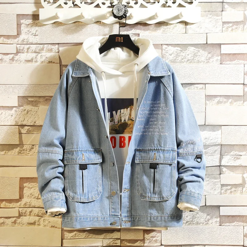 Autumn Letter Embroidered Denim Jacket Workwear Multi Pocket Coat Embroidered Youth Clothing