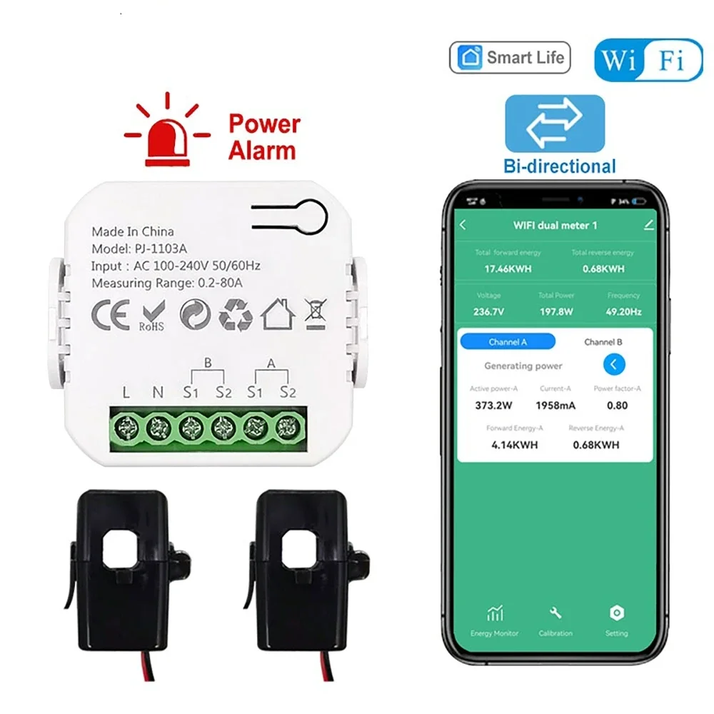 WiFi Smart Bidirectional Power Monitor with 1/2 Channel Electricity Meter with Current Transformer with Buzzer Alarm AC110V/240V 2