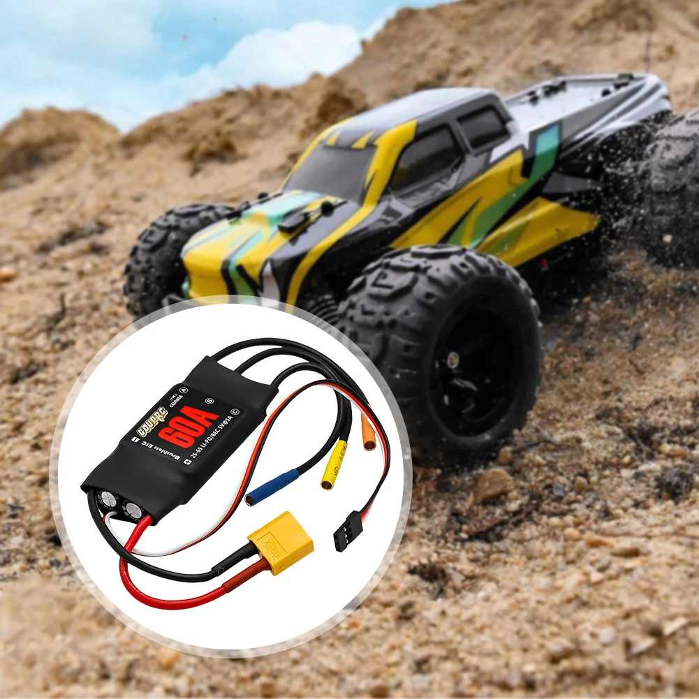 Contrôleur de vitesse électronique brushless 60A avec BEC 5V/7A, câbles de sortie et connecteurs XT60 pour drone FPV.