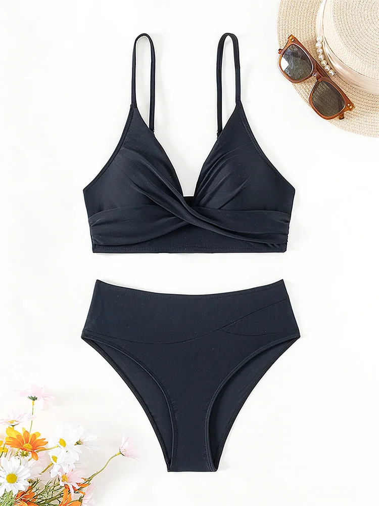 Bikini Swimsuit Women High Waist Swimwear 2024 New Solid Sling Bikinis Set Sexy Thong Bathing Suit For Female Summer Beach Wear
