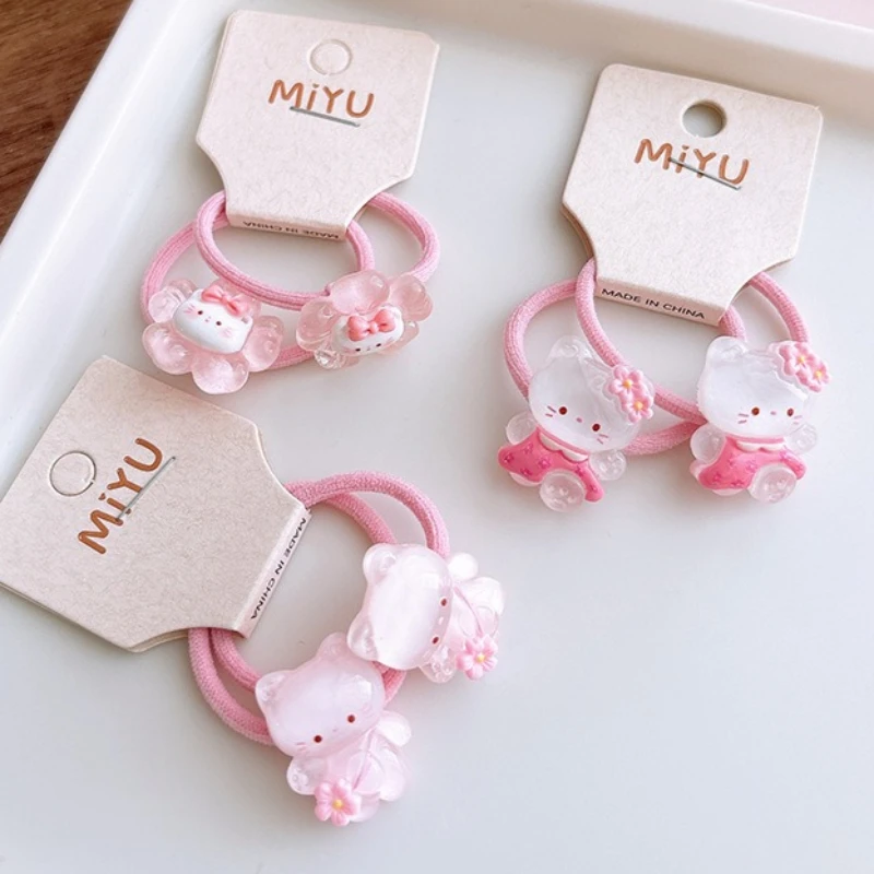 2pcs Pink Cat Girl Hair Ring for Kids Cute Cartoon Hair Band Kawaii Transparent Korean Elastic Hair Band Headwear Accessories