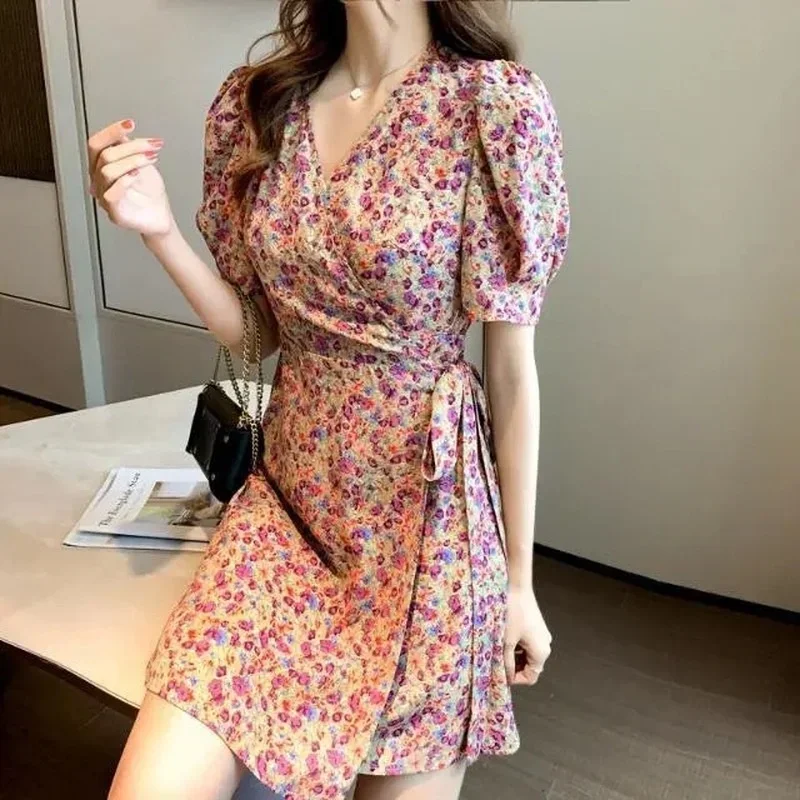 

New V Neck Short Sleeve Little Flowers Printing High Waist Mini Vestidos Casual Party Sundress Summer Women Dress