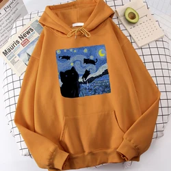 Starry Cat Night Oversized Fleece Hoodie - Men's Autumn Fashion Pullover Sweatshirt - S (Khaki)