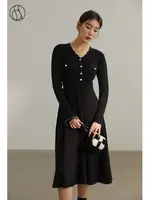 DUSHU Elegant Temperament Knitted Dress Women Autumn Winter 2022 New Base Skirt Office Lady V-neck Bottoming Long Dress Female