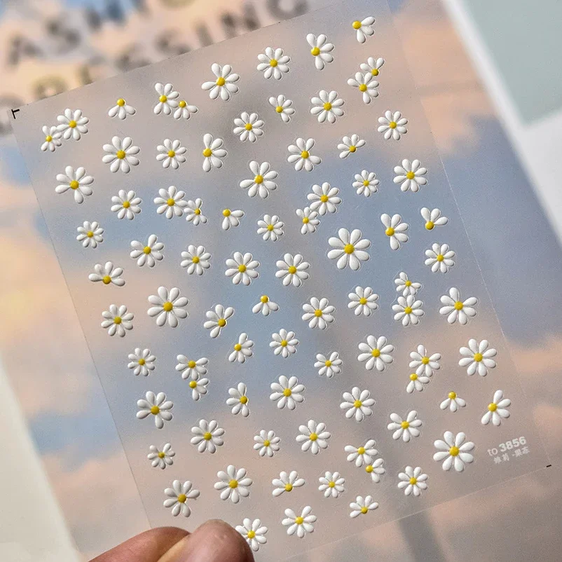 Lovely Jelly White Daisy Flower Peach Blossom Colorful Rhinestones 3D Self Adhesive Nail Art Decoration Stickers Manicure Decals