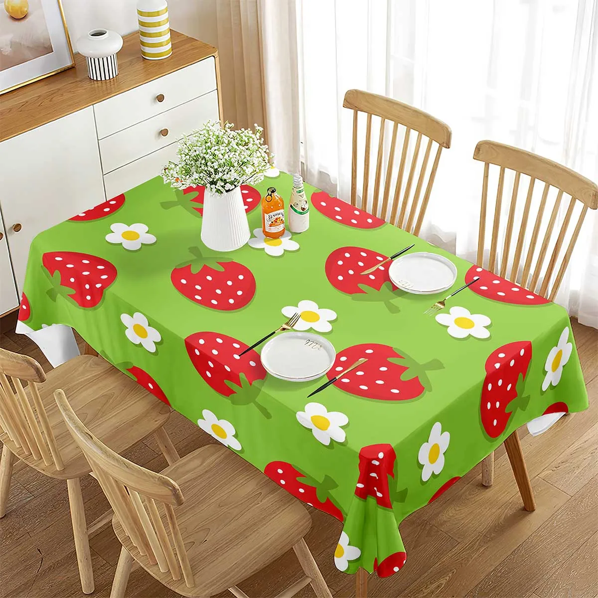 

Весенняя скатерть, с рисунком клубники на зеленом фоне, с рисунком свежих фруктов, прямоугольная скатерть для столовой, кухни