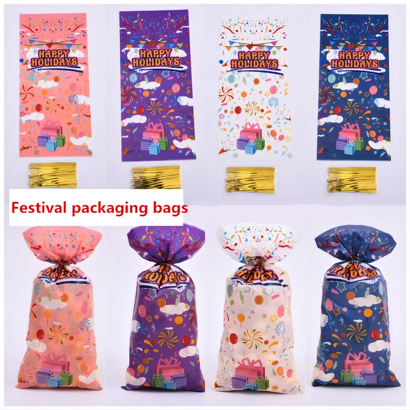 

50Pcs Happy Holidays Gift Bags Plastic Flat Pockets With Tie Wire Bakery Cookie Snack Candy Packaging