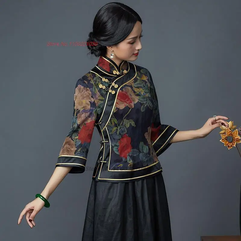 traditional chinese improved cheongsam retro qipao shirts national flower print satin blouse elegant oriental tang suit