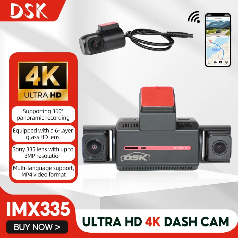 4K Ultra HD Dash Cam Front Rear And Internal 360&deg; Recording Three-Channel Car Drive Recorder G-Sensor Night Vision Car DVR