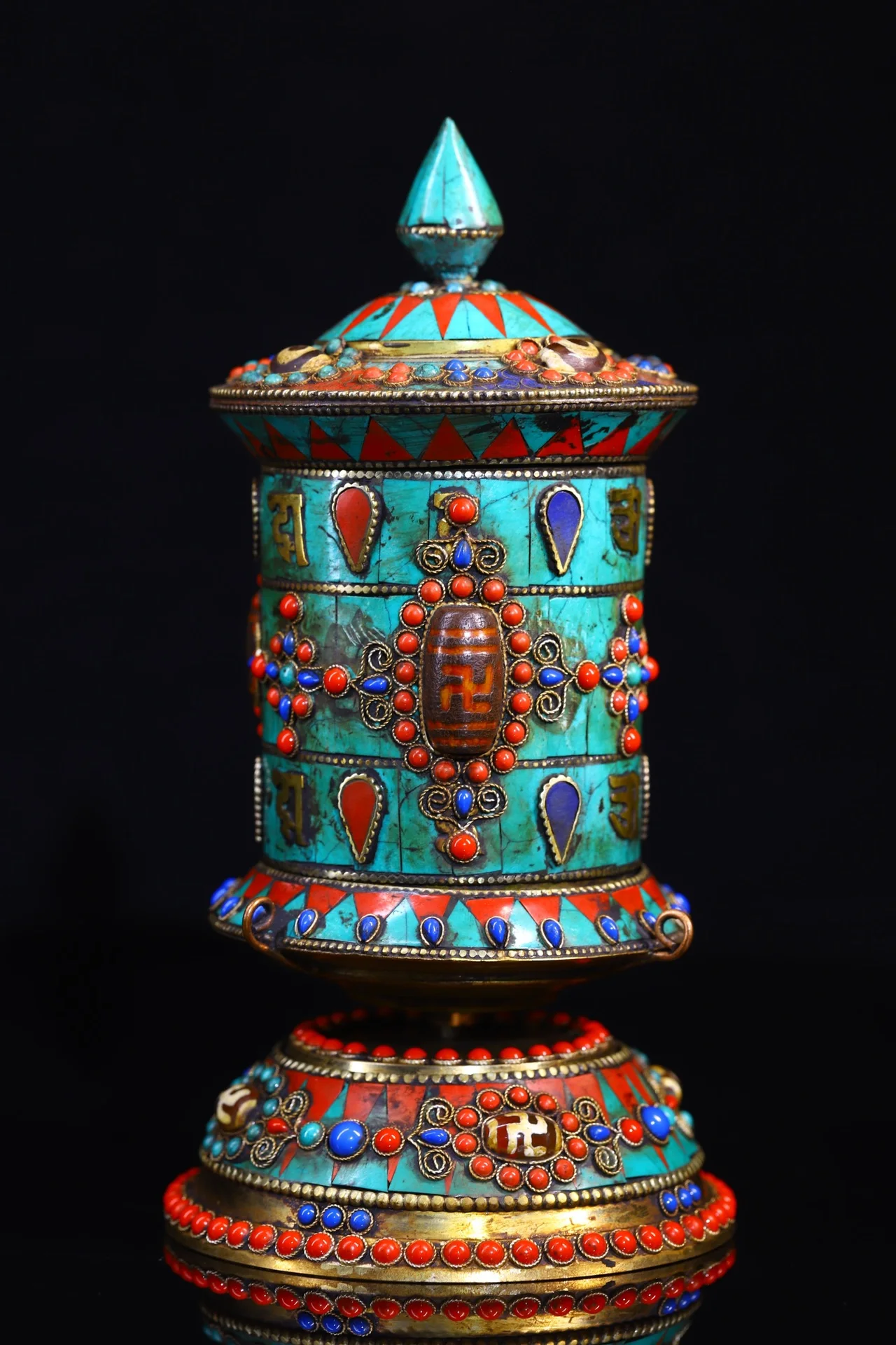 

8"Tibetan Temple Collection Old Bronze mosaic gem turquoise Dzi Beads Fanlin prayer wheel chanting magic weapon Amulet Exorcism