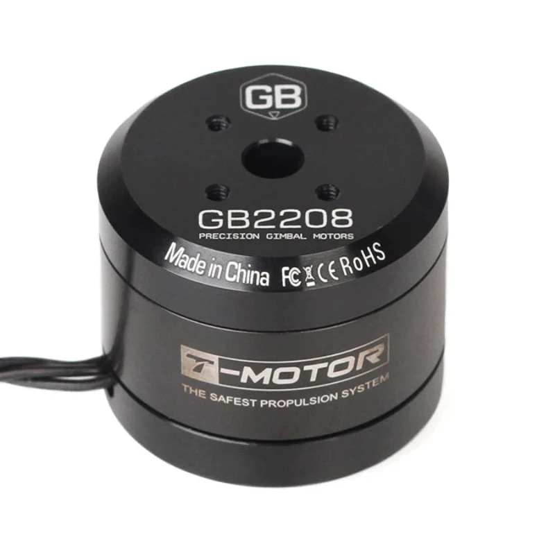 Vue latérale du moteur à cardan T GB2208 KV128 sans balais pour FPV, révélant ses ailettes de refroidissement et sa connectique.