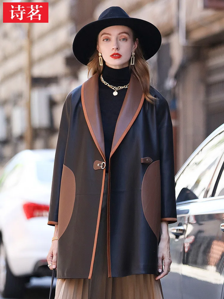

2023 New Haining Genuine Leather Coat Women's Mid Length Loose Relaxed V-neck Contrast Sheepskin Windbreaker Coat Sm21155