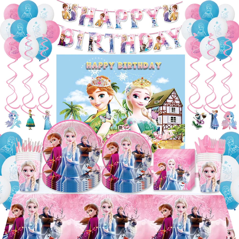 

Pink Frozen Anna Elsa Birthday Party Decoration Princess Cup Plate Banner Tablecover Backdrop Serves 10 Guests Girls Party Decor