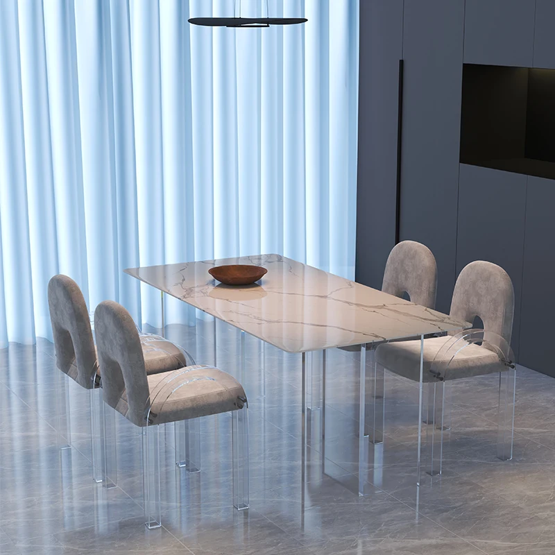 

ZL Acrylic Stone Plate Transparent Suspended Dining Table Household Cream Style Dining Tables and Chairs Set