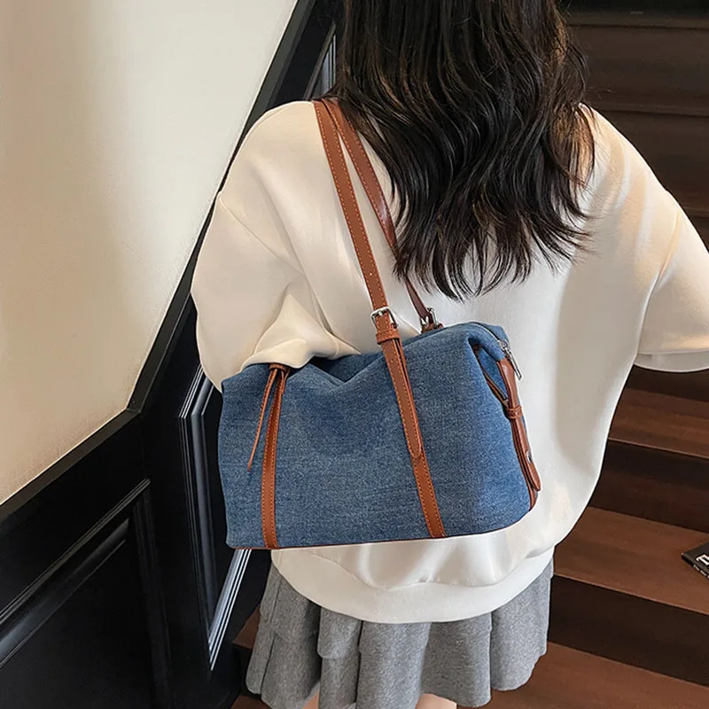 Large Capacity Women'S Handbag Denim Shoulder Bag Fashion Korean Version Armpit Bag Retro Blue Tote Bag Pillow Bag