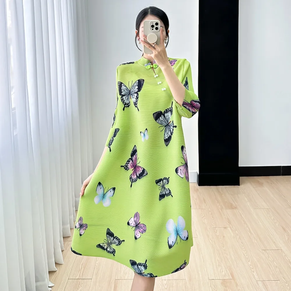 

Miyake Pleated Dress 2024 Spring Fall New Cheongsam Butterfly Print Medium-length Dress Simple Loose Plus Size Women's Clothing