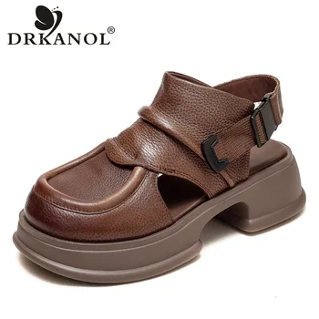 DRKANOL 여성용 수제 레트로 여름 신발, 플랫폼 샌들, 정품 가죽, 라운드 토 버클, 두꺼운 힐, 캐주얼 샌들, 패션